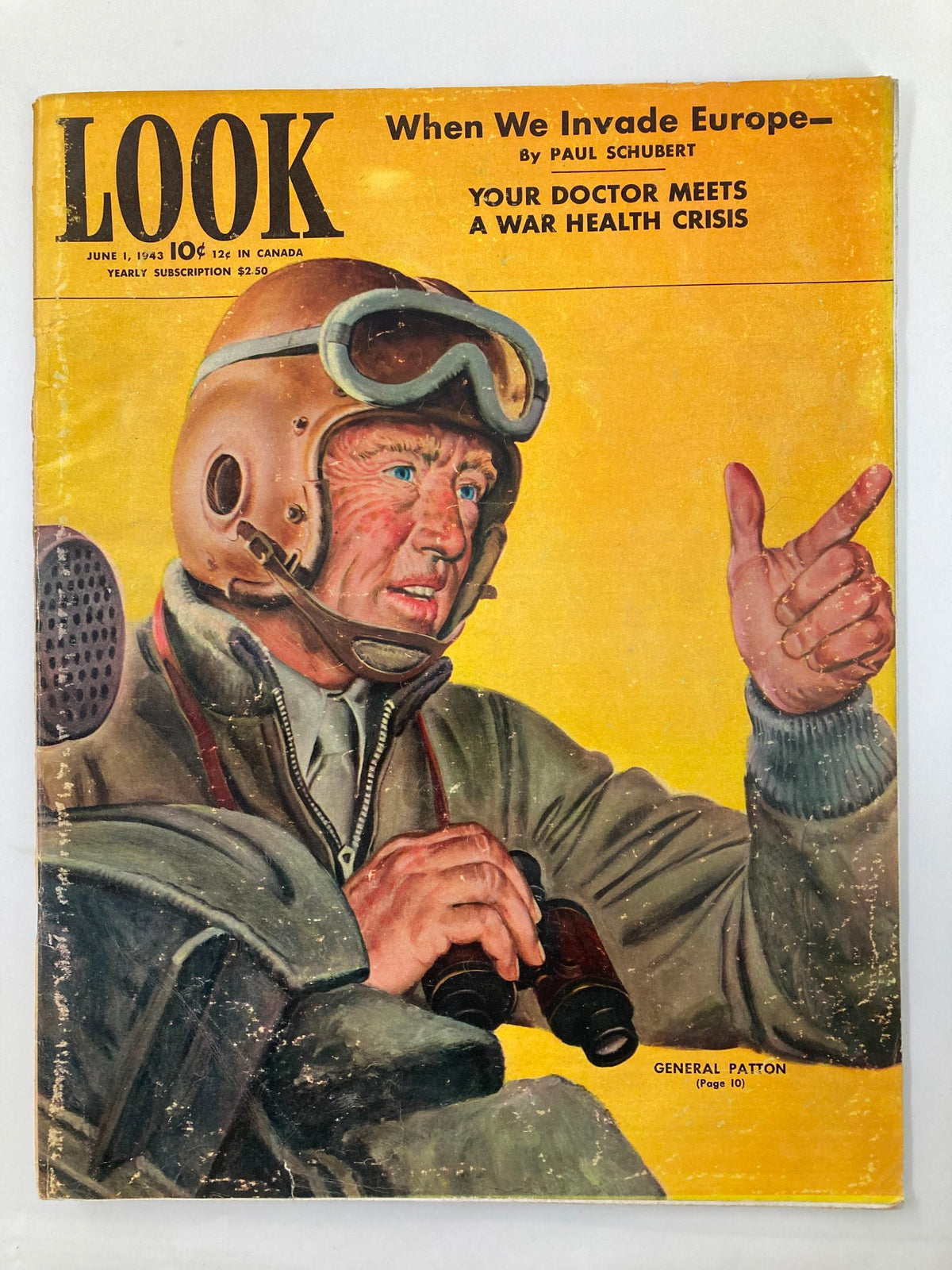 Cover of Look Magazine from June 1, 1943, featuring a vibrant painting of Lt. Gen. George S. Patton in military gear, highlighting a significant historical moment.