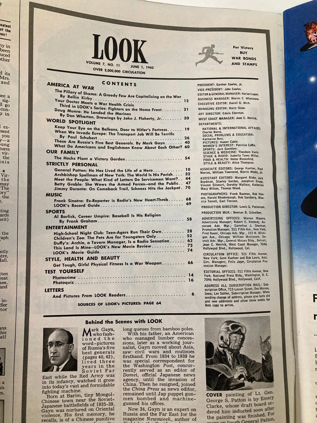 Contents page of VTG Look Magazine June 1 1943, detailing articles and features, including historical insights during World War II.