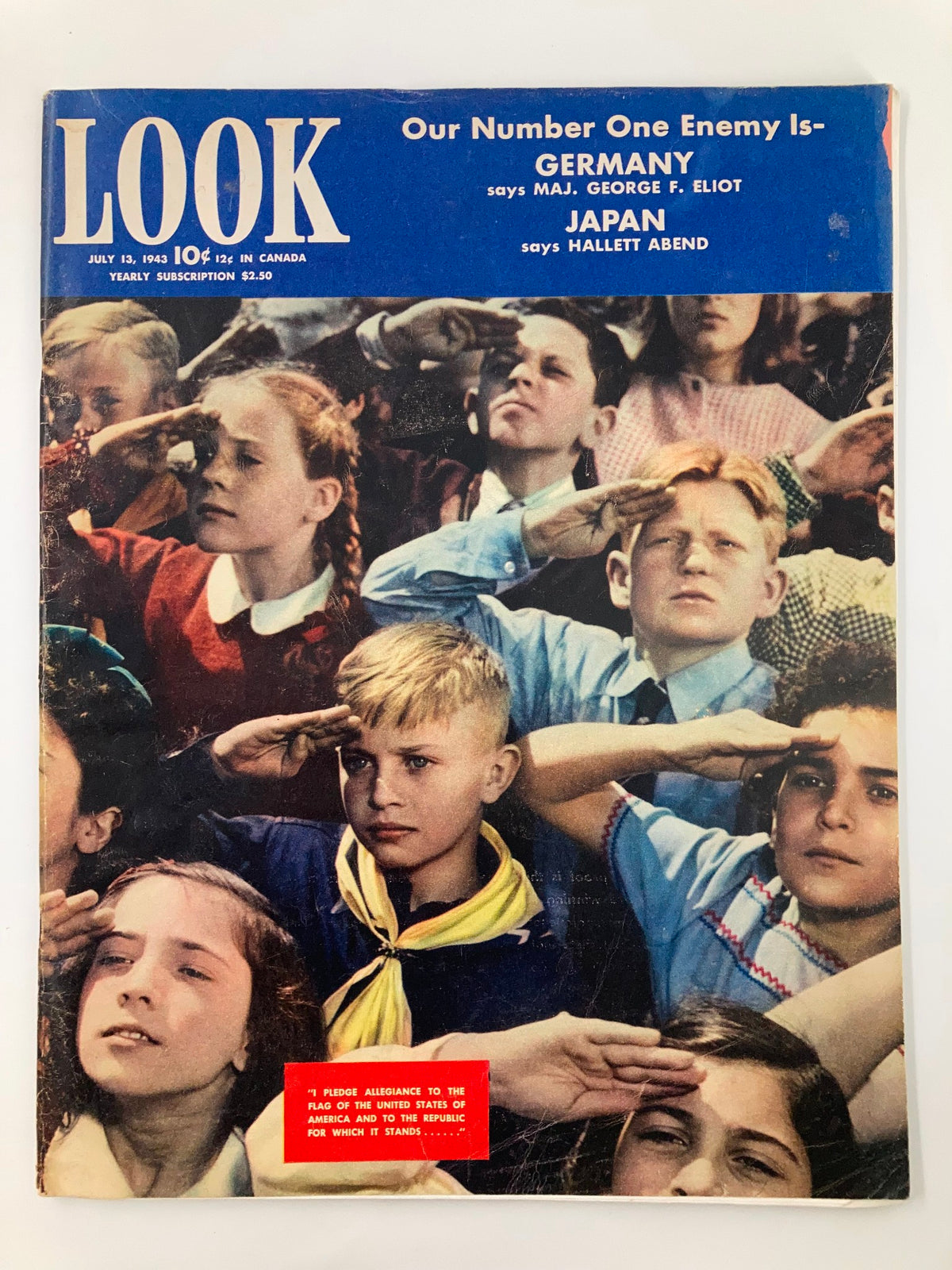 VTG Look Magazine July 13 1943 cover featuring children saluting the American flag, showcasing the spirit of patriotism during World War II.
