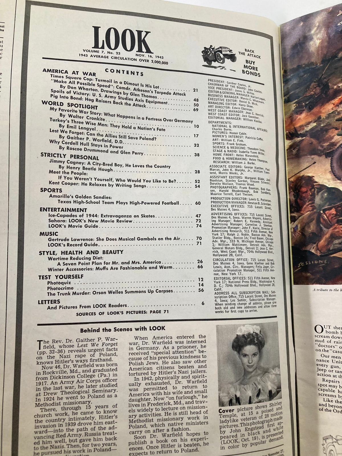 Contents page of VTG Look Magazine, November 16, 1943, outlining articles including 'America at War' and highlighting Shirley Temple on the cover.