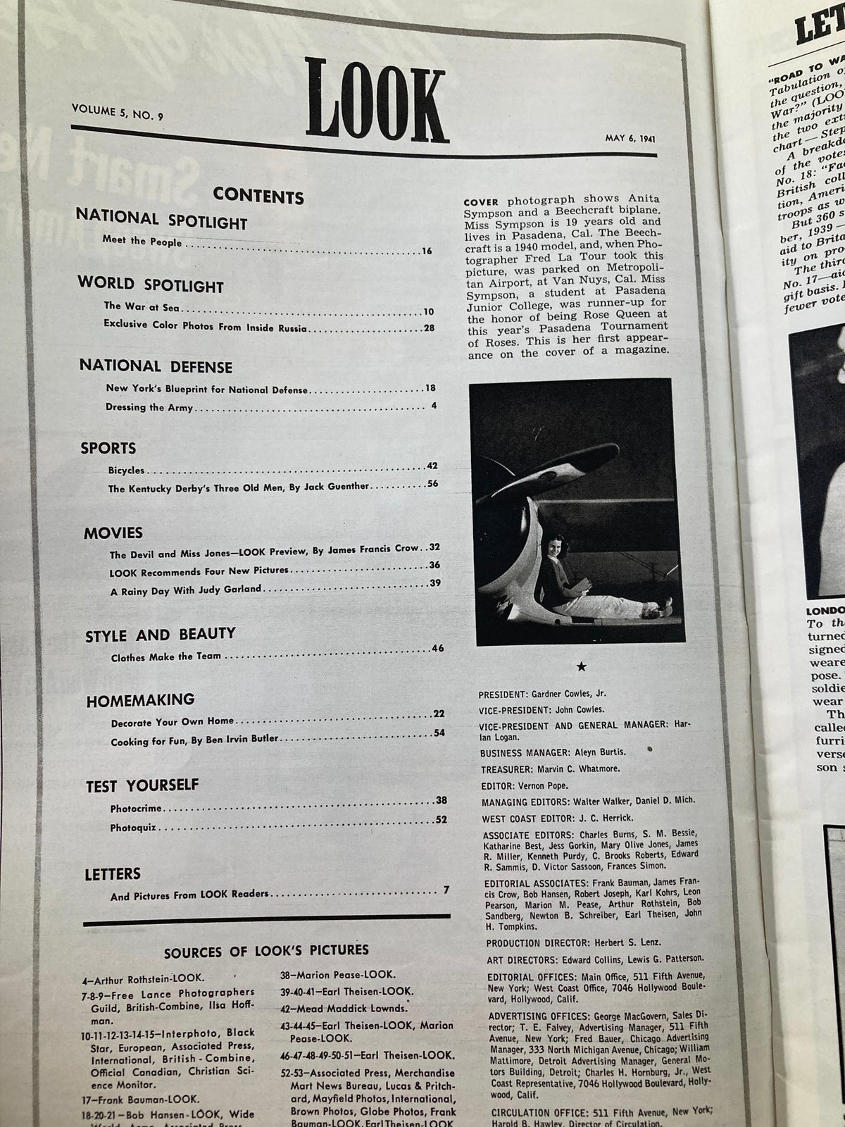 Contents page of VTG Look Magazine May 6, 1941, detailing articles including a spotlight on Anita Sympson and exclusive color photos from inside Russia.