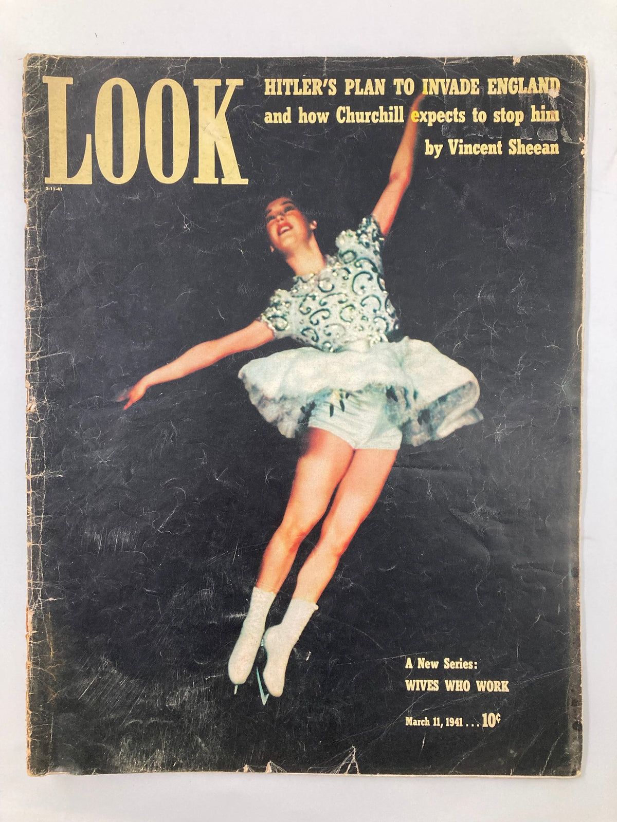 Cover of Vintage Look Magazine March 11, 1941 featuring the headline 'Hitler's Plan to Invade England' with an image of a female figure skater in a sparkling outfit.