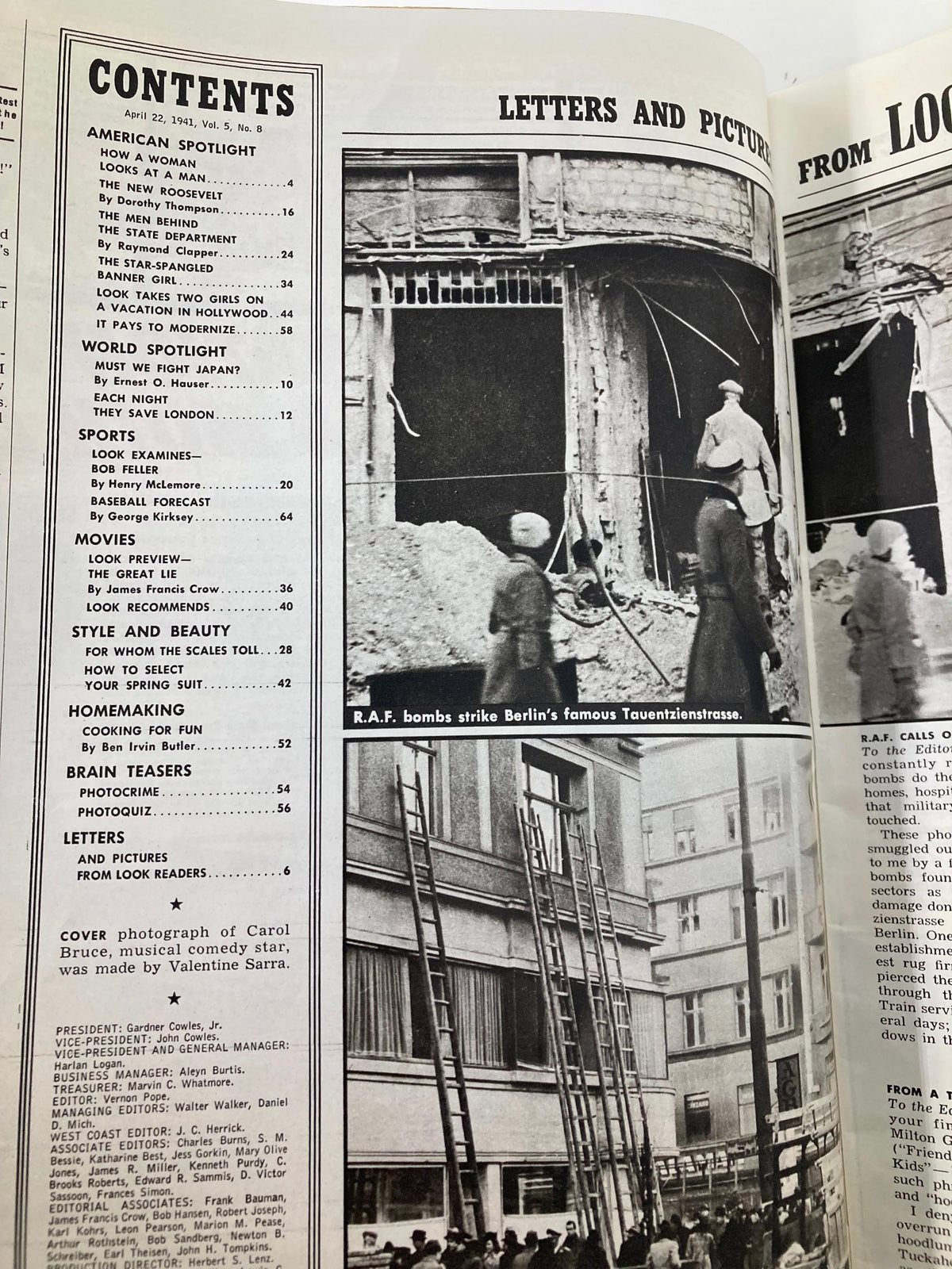 Table of contents page from VTG Look Magazine April 22 1941, highlighting various articles and features of the issue.
