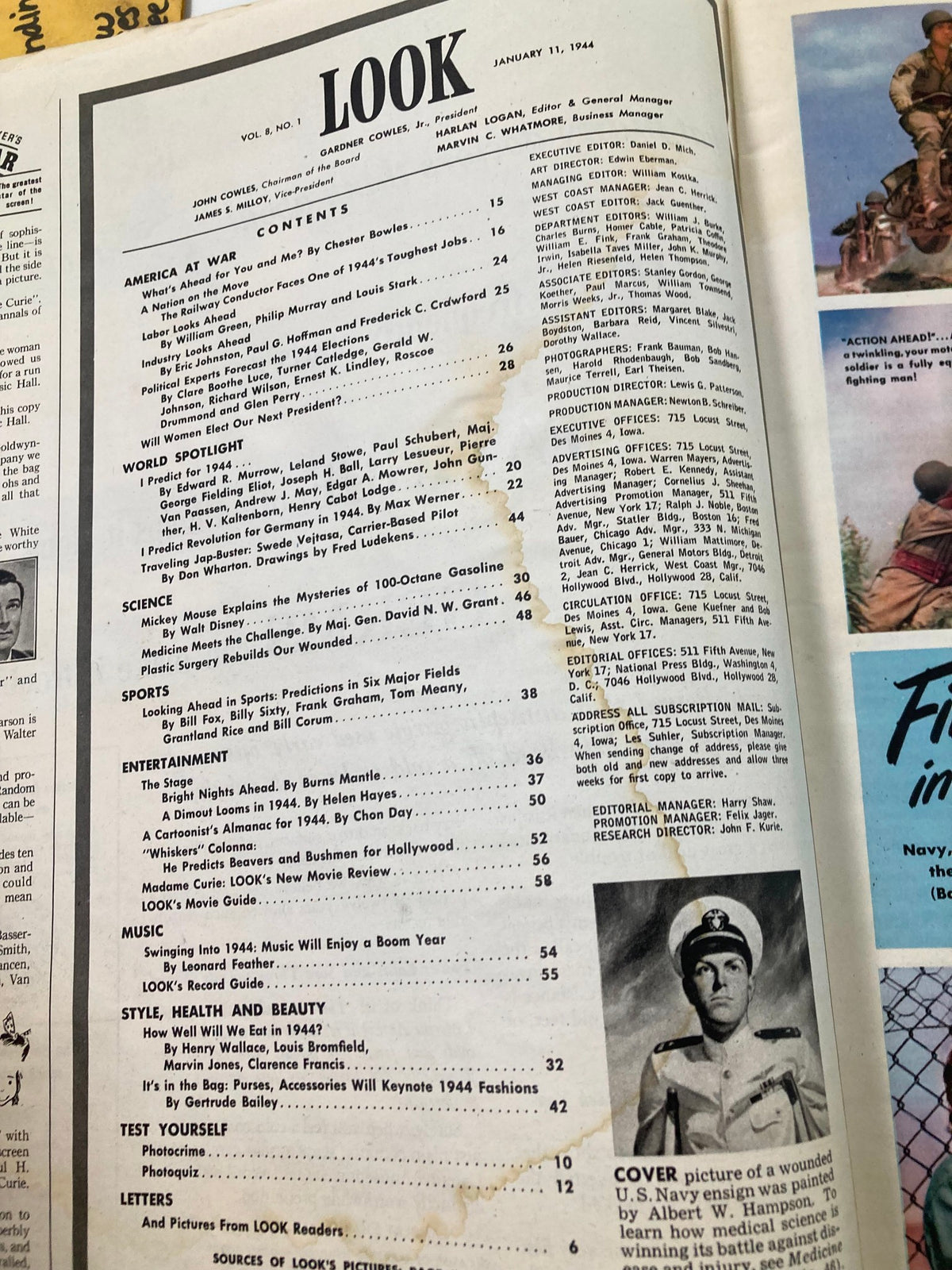 Another interior page of VTG Look Magazine January 11 1944, displaying additional content details with a portrait of a U.S. Navy ensign.