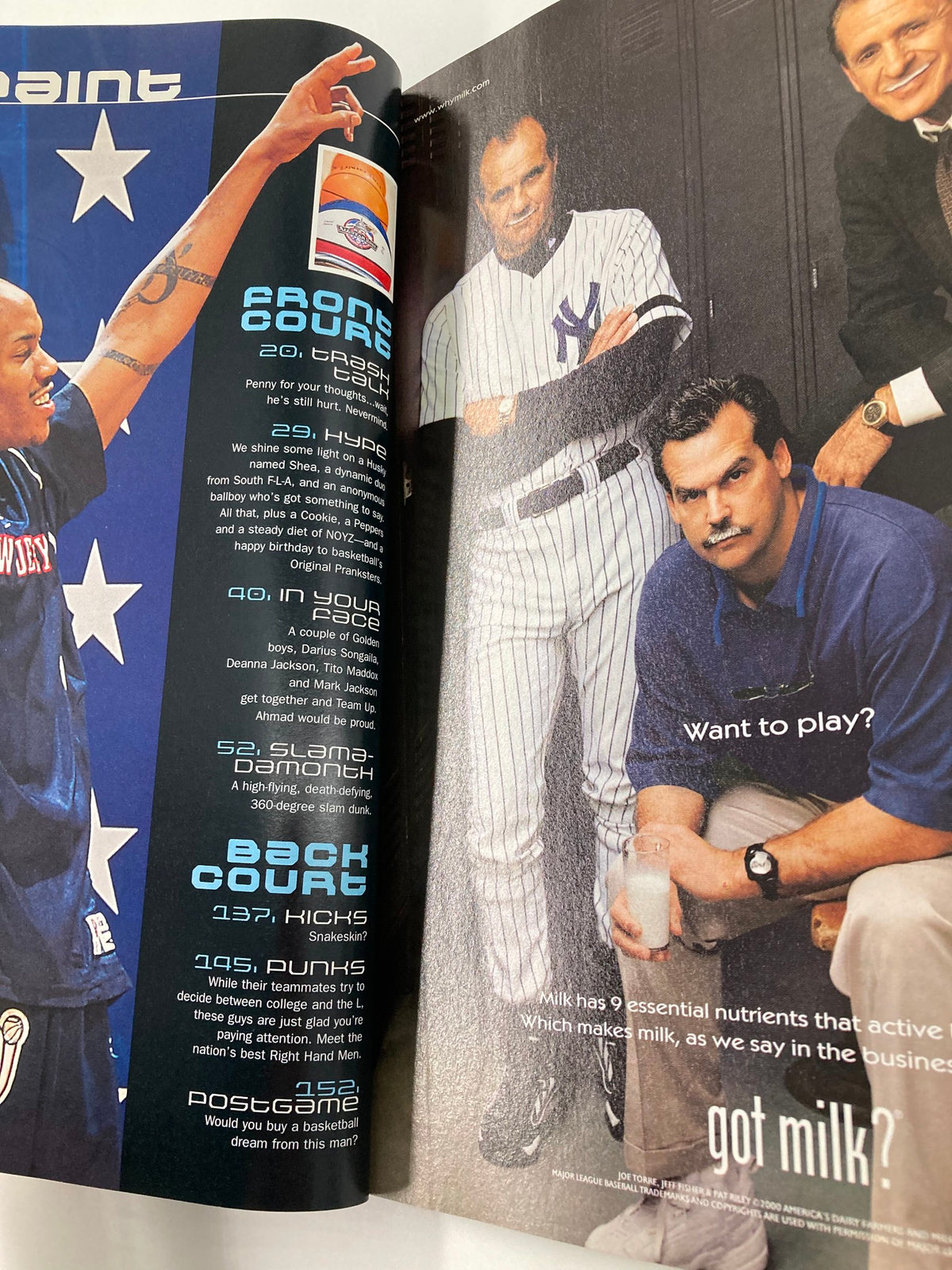 Page from Slam Magazine May 2001 with a feature on athletes, including a basketball player and a person in a New York Yankees uniform, emphasizing sports advertising.