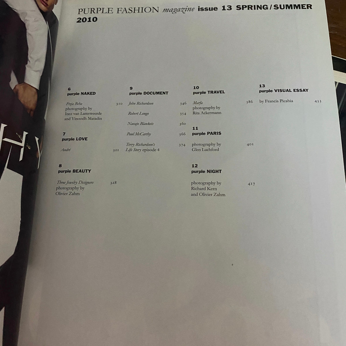 Table of contents from Purple Fashion Magazine Spring Summer 2010, issue 13, featuring sections such as 'Naked', 'Document', and 'Travel'.