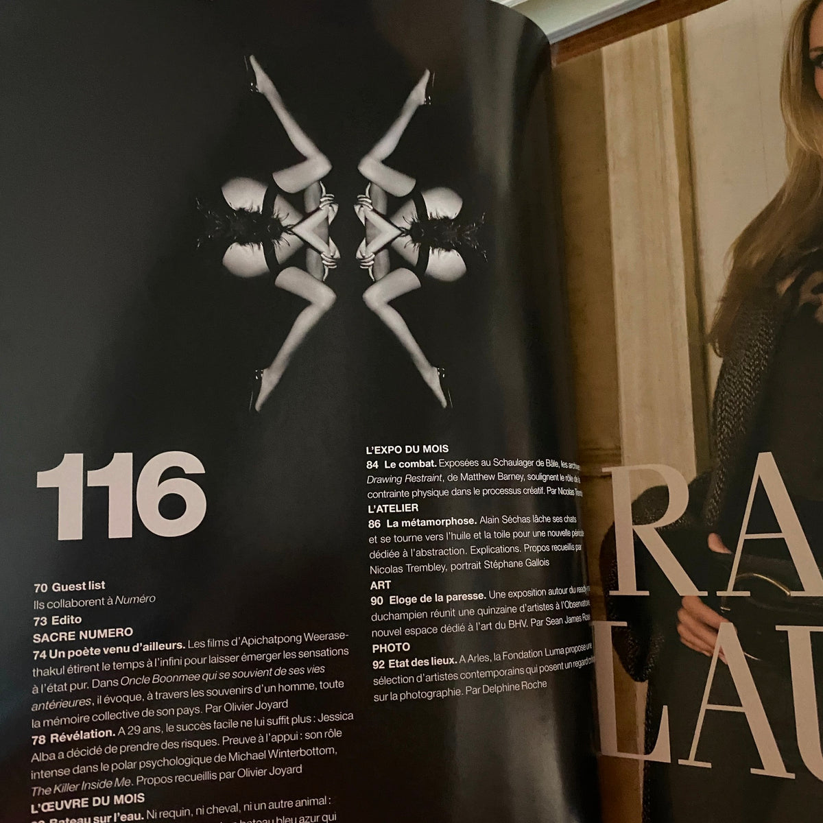 Interior page of Numéro Magazine September 2010 No. 116, showcasing editorial content and guest list.