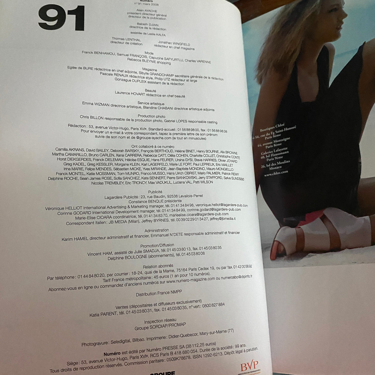 Inside page of Numéro Magazine March 2008 No. 91, displaying the editorial content and contributors, including notable names in fashion and photography.
