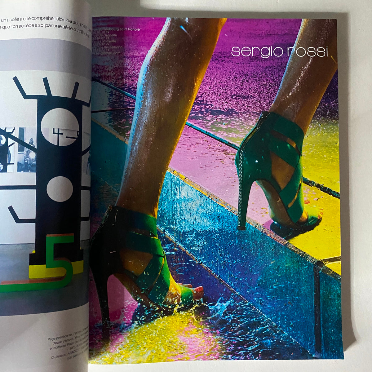 Another interior page from Numéro Magazine March 2008 No. 91, highlighting a colorful advertisement for Sergio Rossi shoes, featuring vibrant colors and a dynamic design.