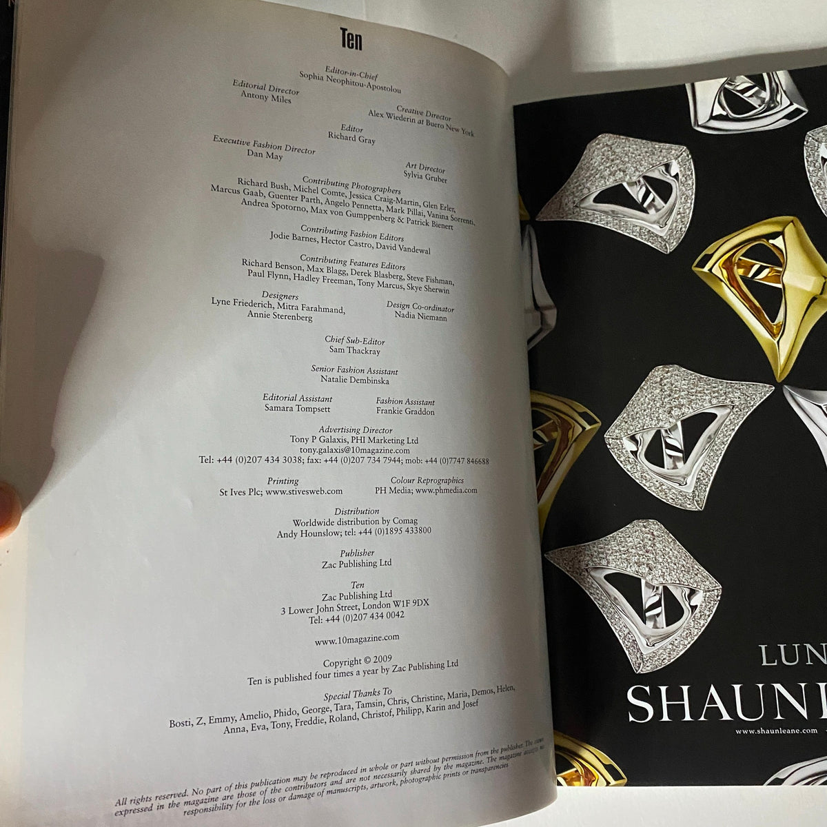 Interior page of 10 Magazine Winter 2009 showcasing editorial information, including a list of contributors and acknowledgments, reflecting the signature style and branding of the magazine.