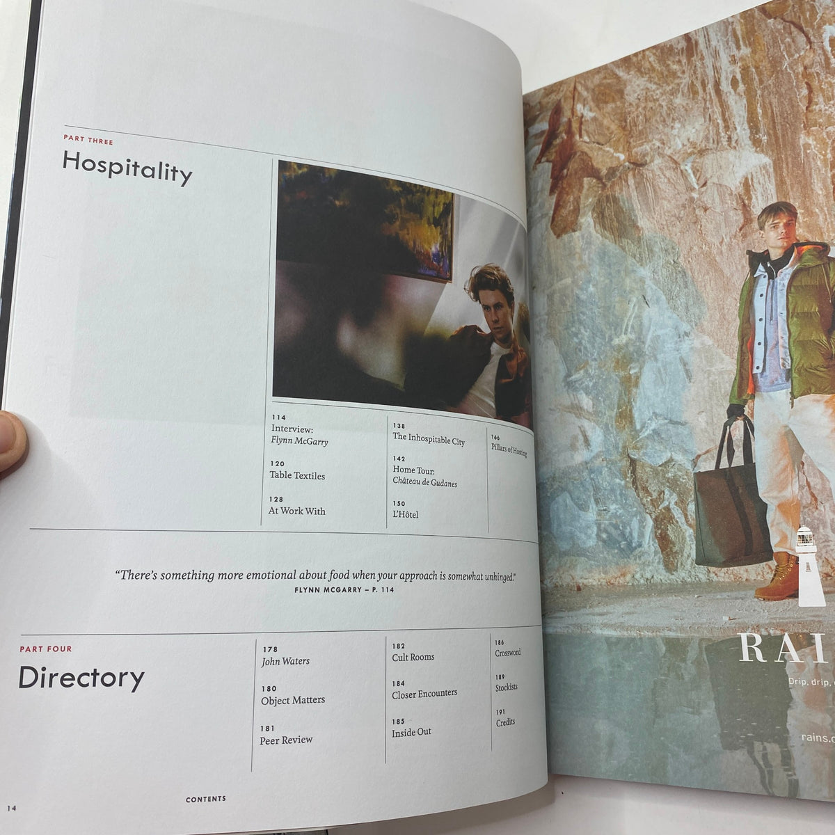 Kinfolk 30 Book by Kinfolk Magazine Winter 2018 - Interior page showcasing the contents section with articles on hospitality and lifestyle.