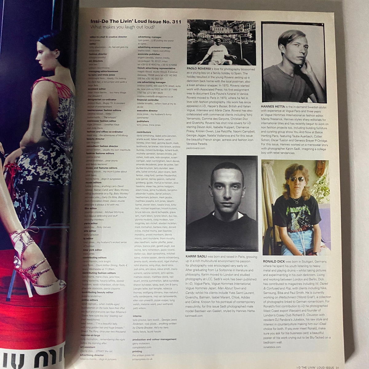 Inside page of i-D Magazine Spring - Summer 2011, including a list of contributors and features, labeled as The Livin' Loud Issue No. 311.