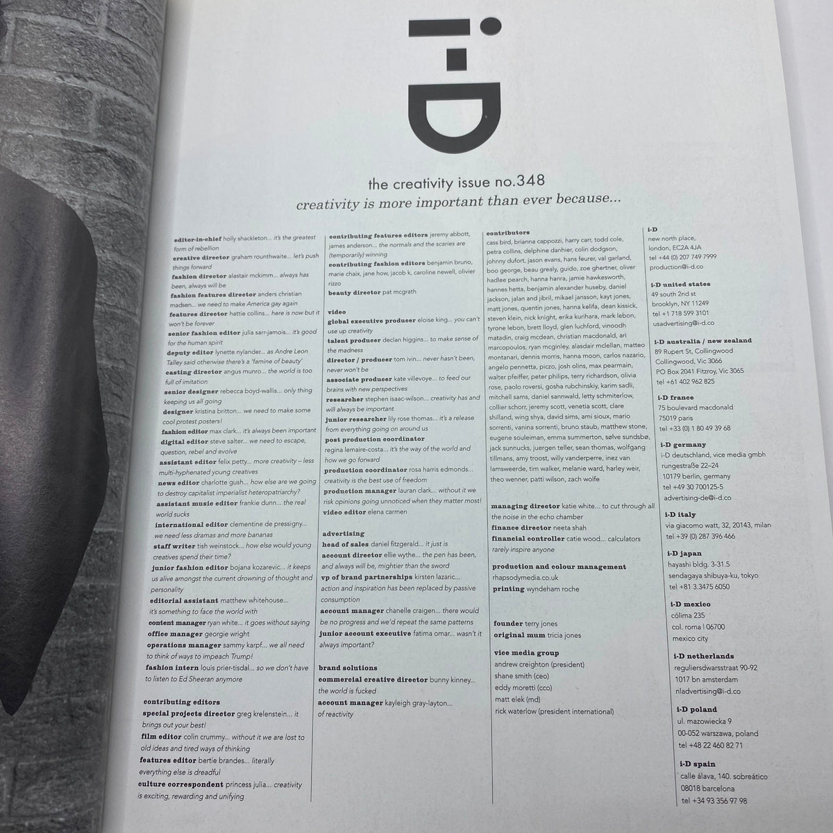 Creative credits page from i-D Magazine Summer 2017 with comprehensive list of contributors, highlighting the behind-the-scenes talent involved in the issue.