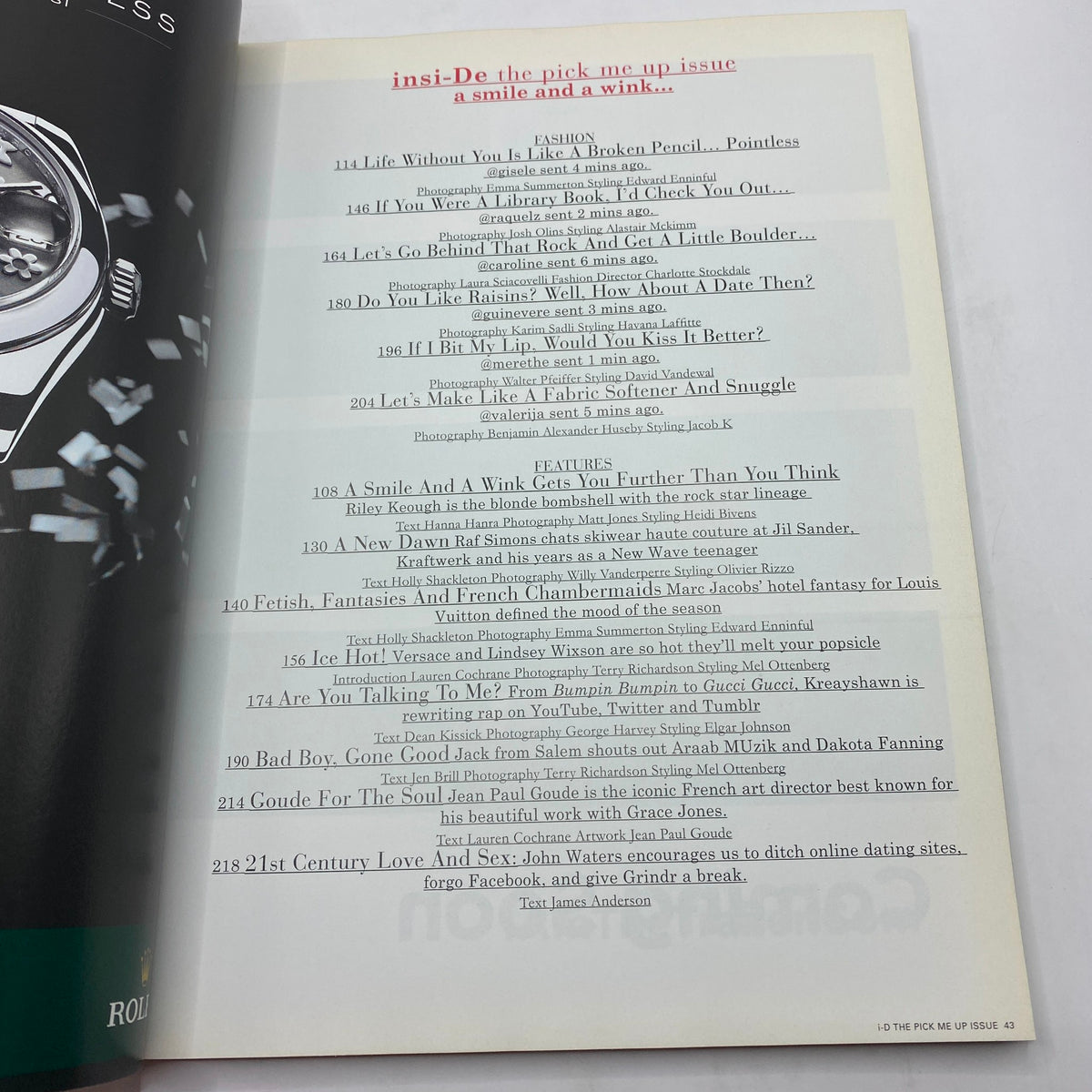 Contents page of i-D Magazine Fall 2011 No. 314, showcasing articles and features, including fashion insights and interviews.