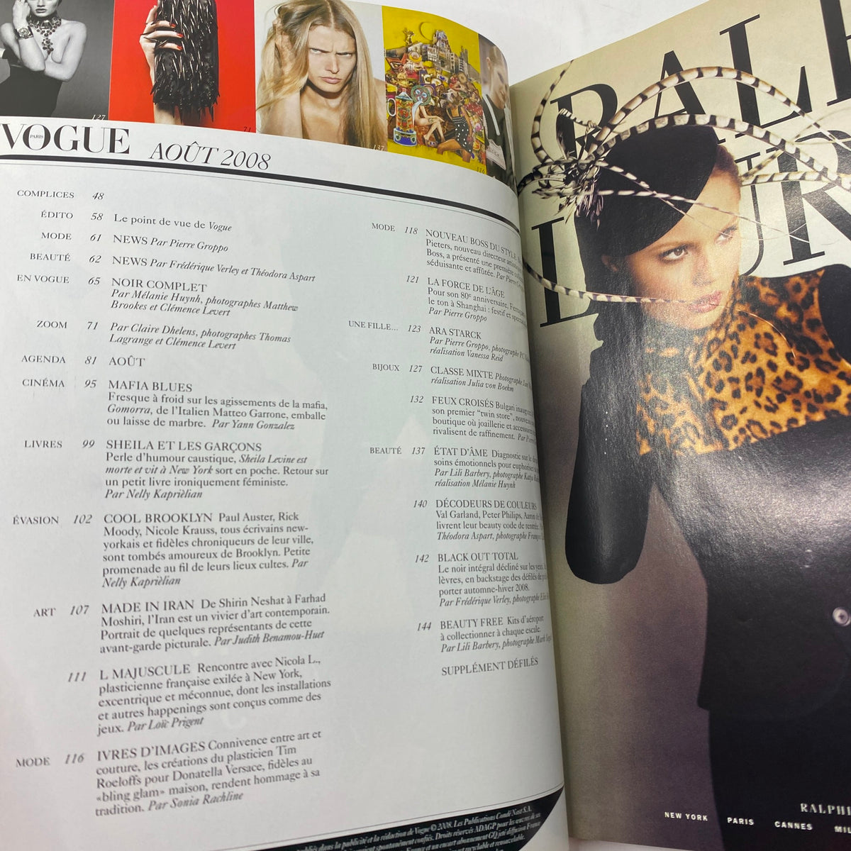 Inside page of Vogue Paris Magazine August 2008 displaying the table of contents with fashion highlights and editorial features.