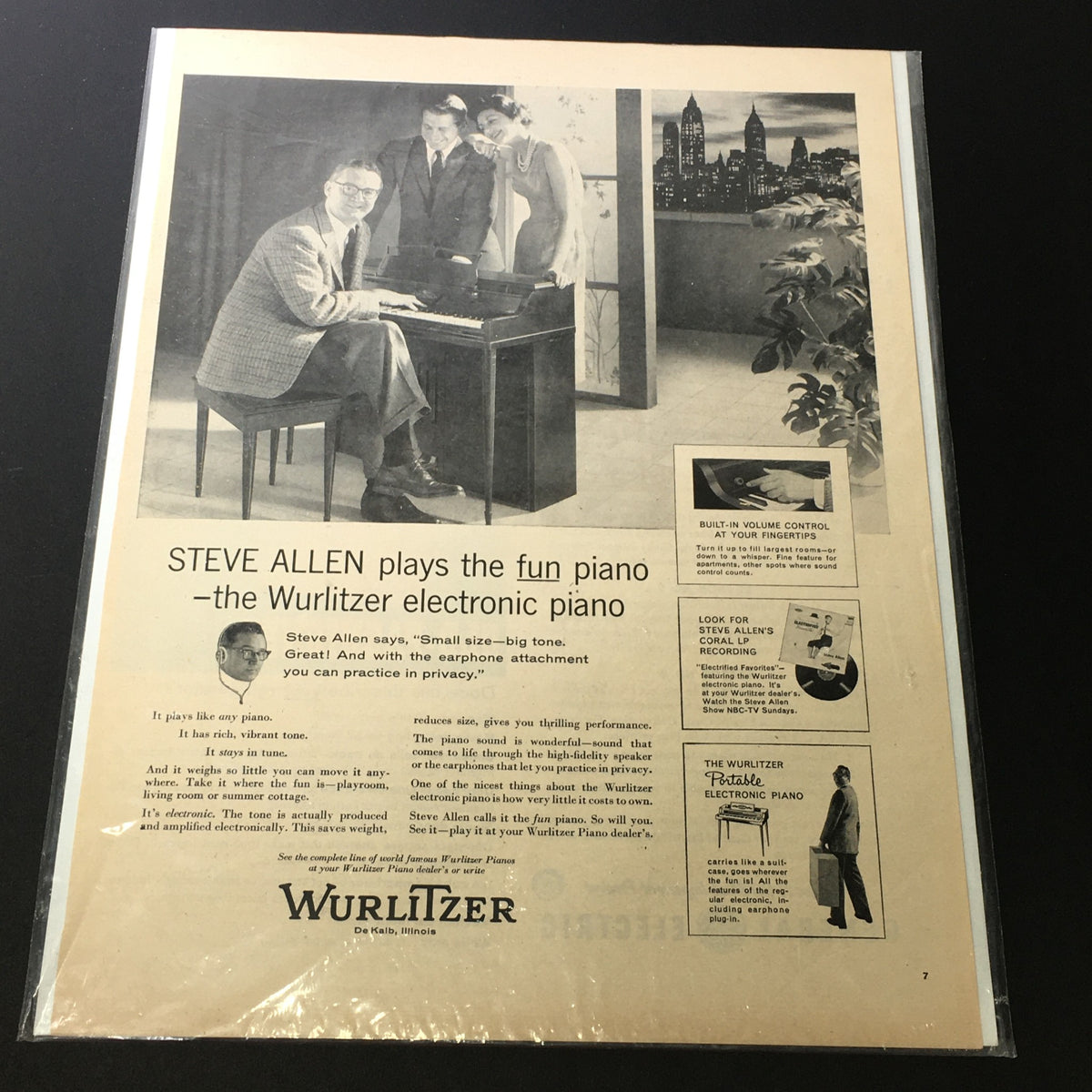 Vintage Wurlitzer print ad featuring Steve Allen playing the 'Sweet Lorraine' piano, showcasing an iconic 1958 advertisement for musical excellence.