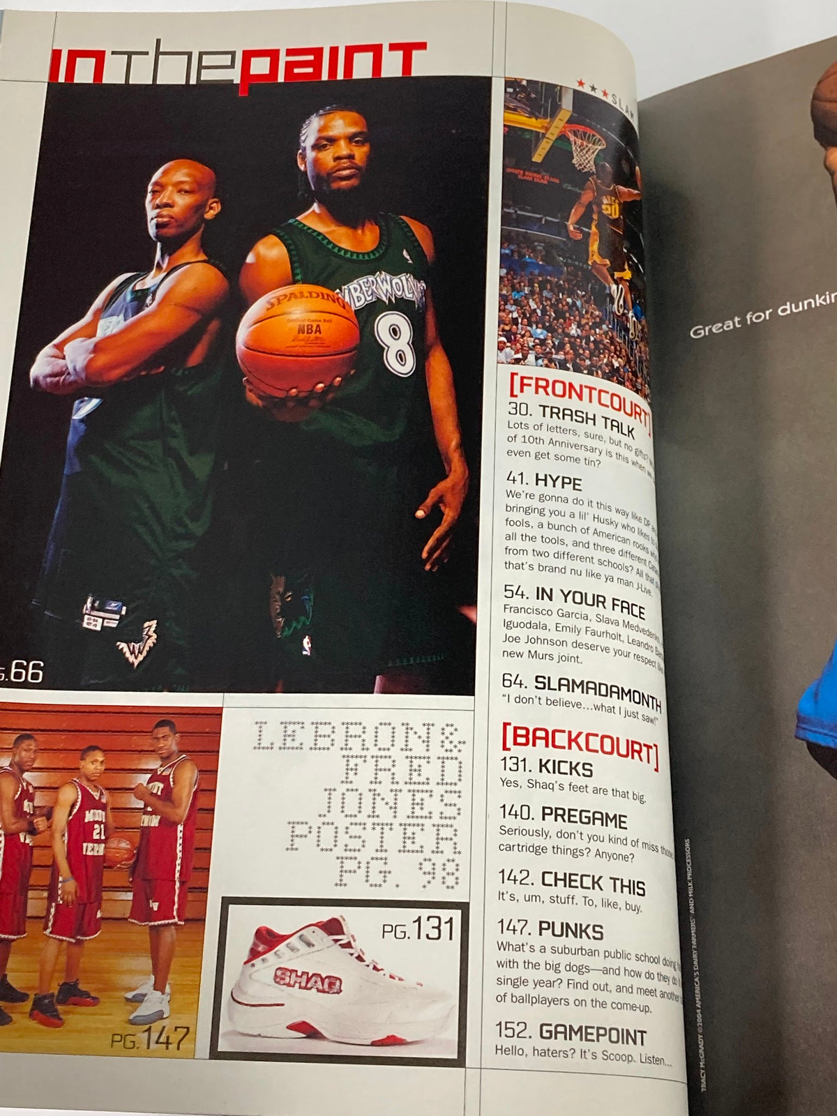Inside Slam Magazine May 2004 featuring NBA stars, highlighting LeBron James and his rookie season, showcasing articles and images relevant to basketball culture.