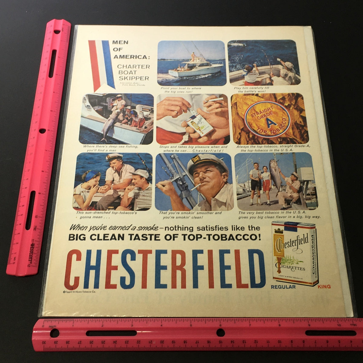 Vintage 1957 Chesterfield King Size Cigarette Print Ad featuring various boat skippers and activities, showcasing the bold design and historical significance of mid-20th century tobacco advertising.