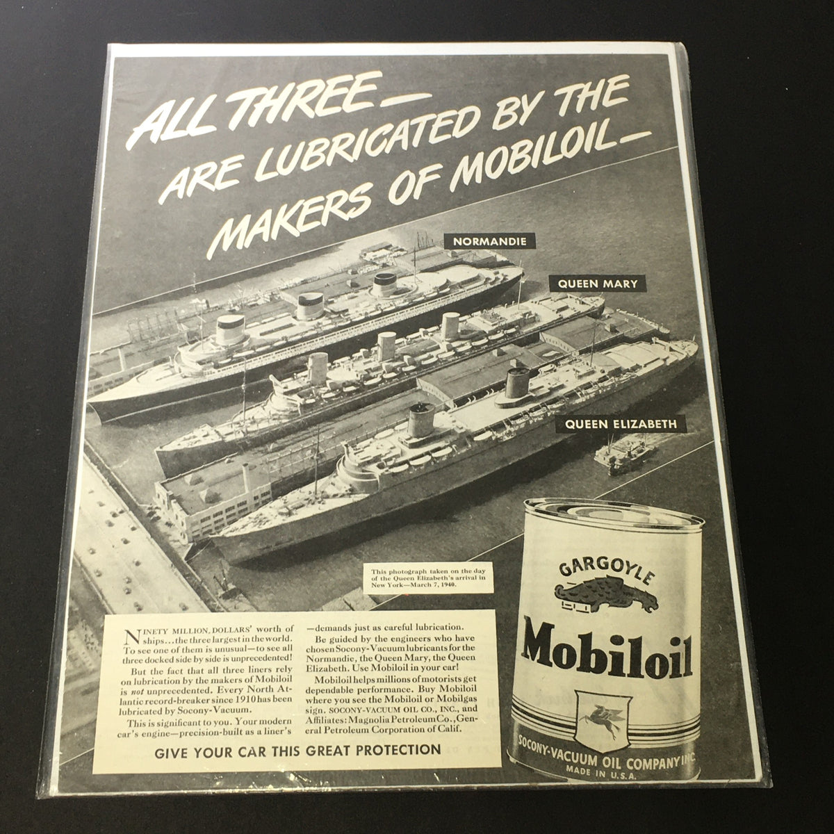 VTG 1940 Gargoyle Mobiloil Print Ad featuring ships Normandie, Queen Mary, and Queen Elizabeth, highlighting the lubrication provided by Mobiloil.