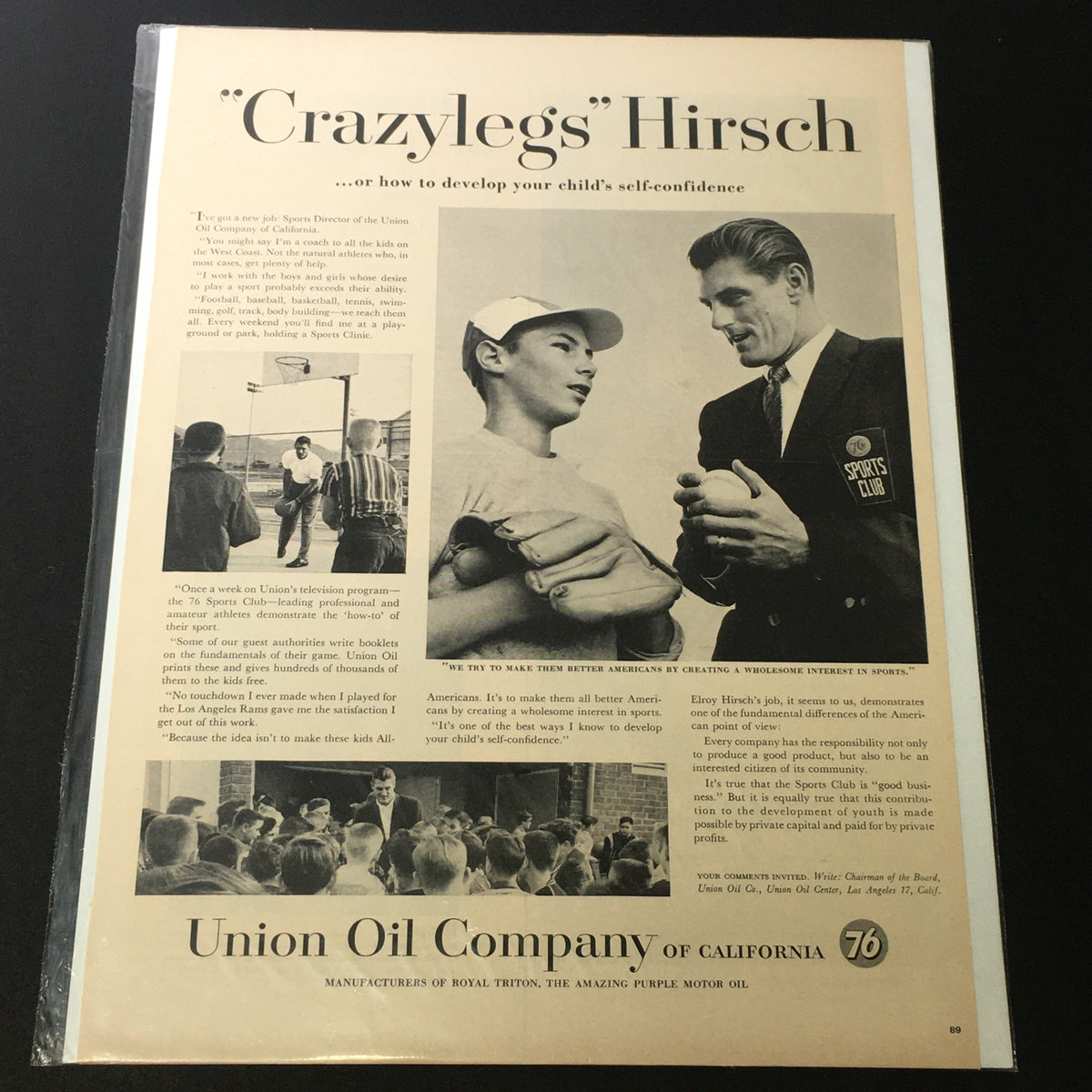 VTG 1976 Royal Triton Union Oil Company of California Sports Club Print Ad featuring 'Crazylegs' Hirsch discussing child confidence development.