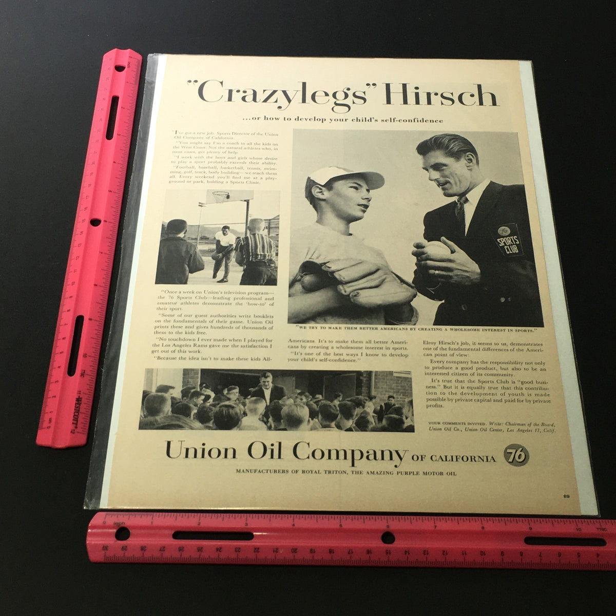 VTG 1976 Royal Triton Union Oil Company of California Sports Club Print Ad with measuring tools, emphasizing the advertisement's size and layout.