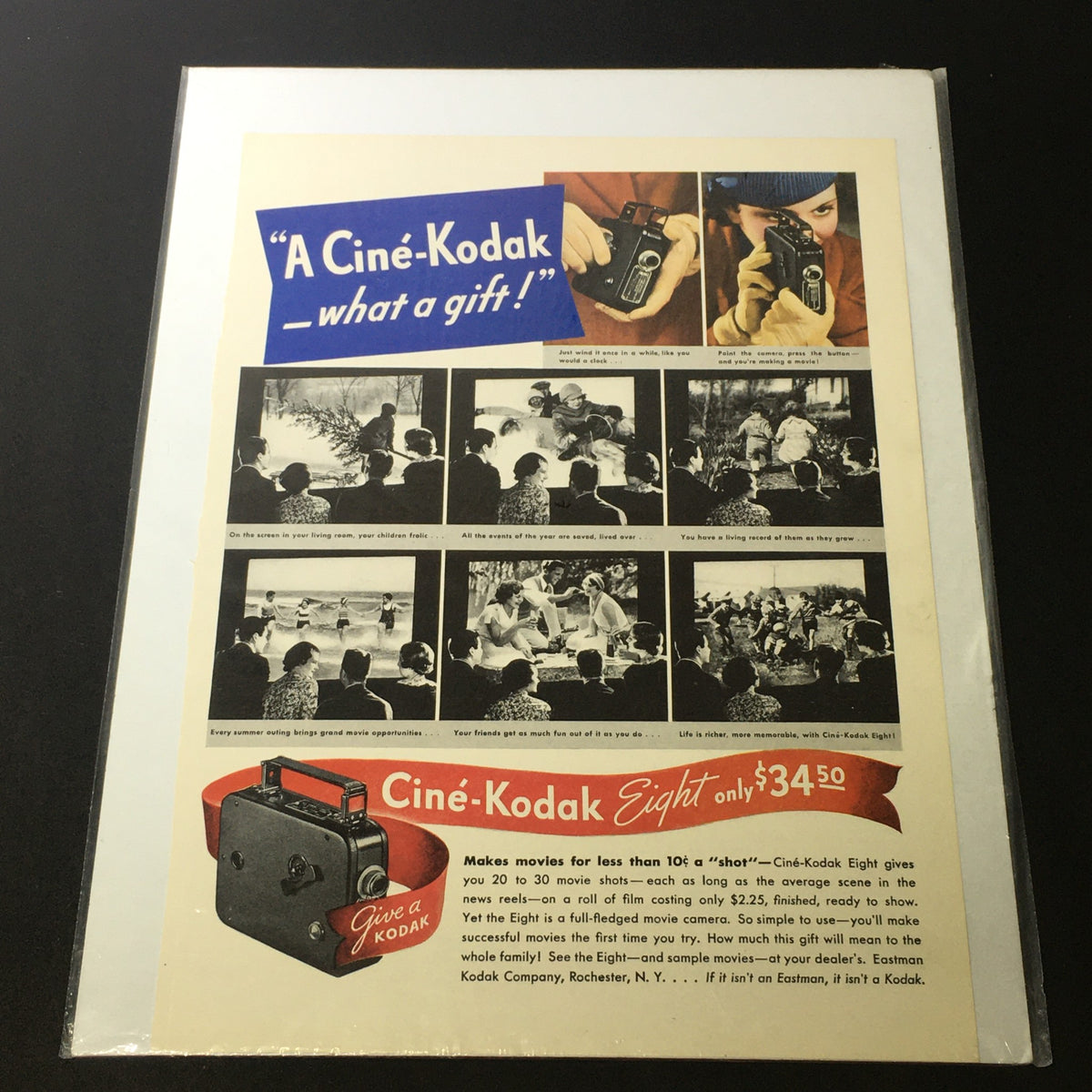 VTG 1929 Cine-Kodak Eight Model BB for 50-ft reels Print Ad showcasing early filmmaking with a camera and scenes from home movies, priced at $34.50.