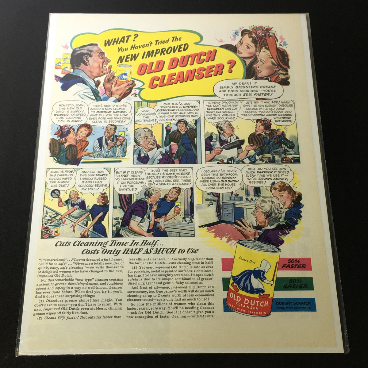 VTG 1940 Old Dutch Cleanser Made with Seismotite print advertisement showcasing a colorful layout with dialogues highlighting the product features and cleaning efficiency.
