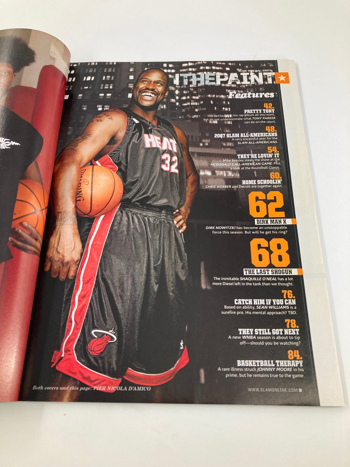 Inside page of Slam Magazine July 2007 highlighting features with Shaquille O'Neal in Miami Heat uniform, presenting engaging content related to basketball.