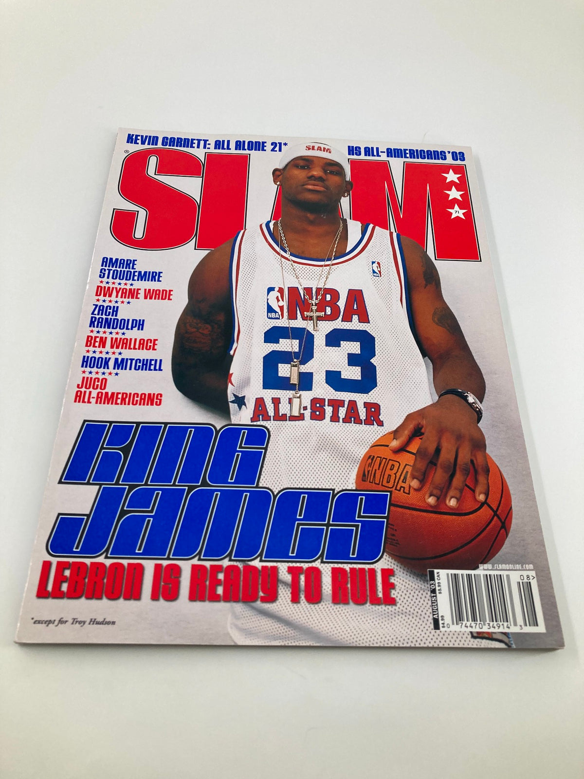 Slam Magazine August 2003 featuring LeBron James on the cover, highlighting his status as an NBA All-Star and featuring bold text about his readiness to rule.