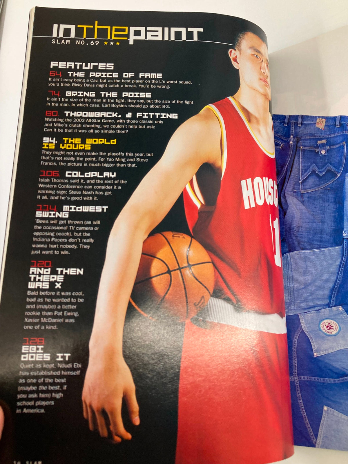Inside page of Slam Magazine May 2003 showcasing Yao Ming holding a basketball, highlighting features of the magazine including player profiles and NBA insights.
