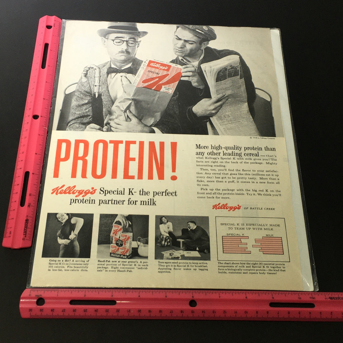 Front view of the VTG 1958 Kellogg Company Kellogg's Special K Protein Cereals Print Ad featuring an illustration of protein benefits and vintage design elements.