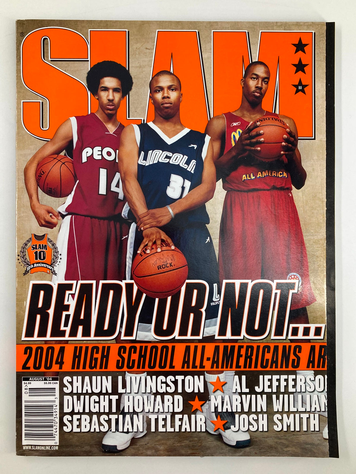 Slam Magazine August 2004 cover featuring Dwight Howard, Shaun Livingston, and other high school All-Americans, titled 'READY OR NOT... 2004 HIGH SCHOOL ALL-AMERICANS'. This vintage magazine is perfect for basketball enthusiasts and collectors.