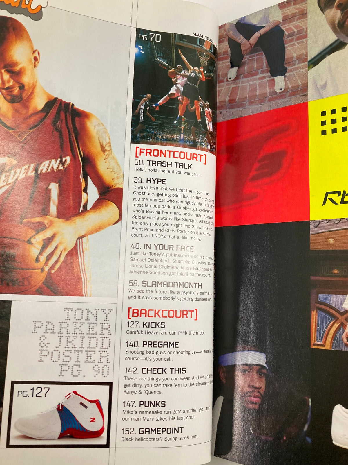 Detailed page from Slam Magazine August 2004, focusing on basketball features and collectibles, including notable personalities from the sport. A must-have for any sports memorabilia collection.