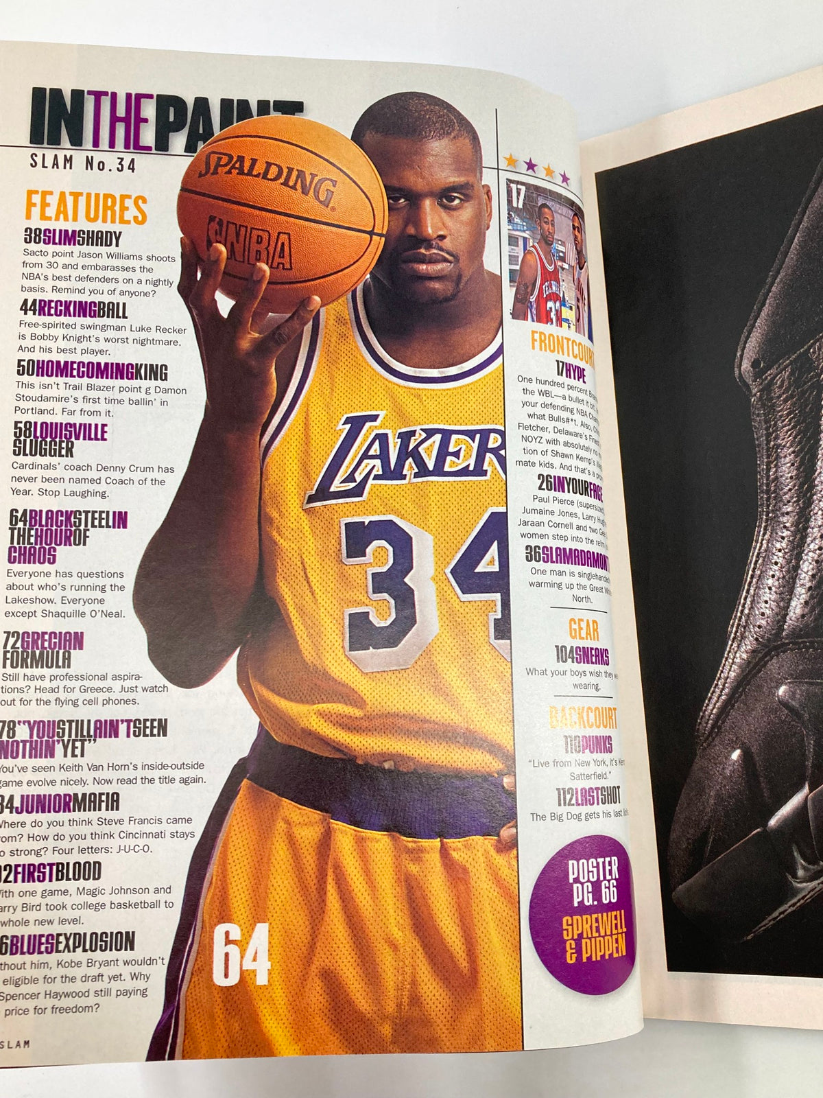Inside page of Slam Magazine June 1999 highlighting Shaquille O'Neal in Lakers gear #34 with a feature list, emphasizing his influential role and prominent articles about NBA players.