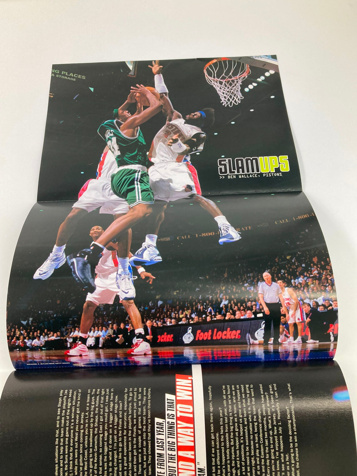 Slam Magazine June 2003 poster illustrating an intense basketball play between two teams, a highlight from the Slam Ups series.