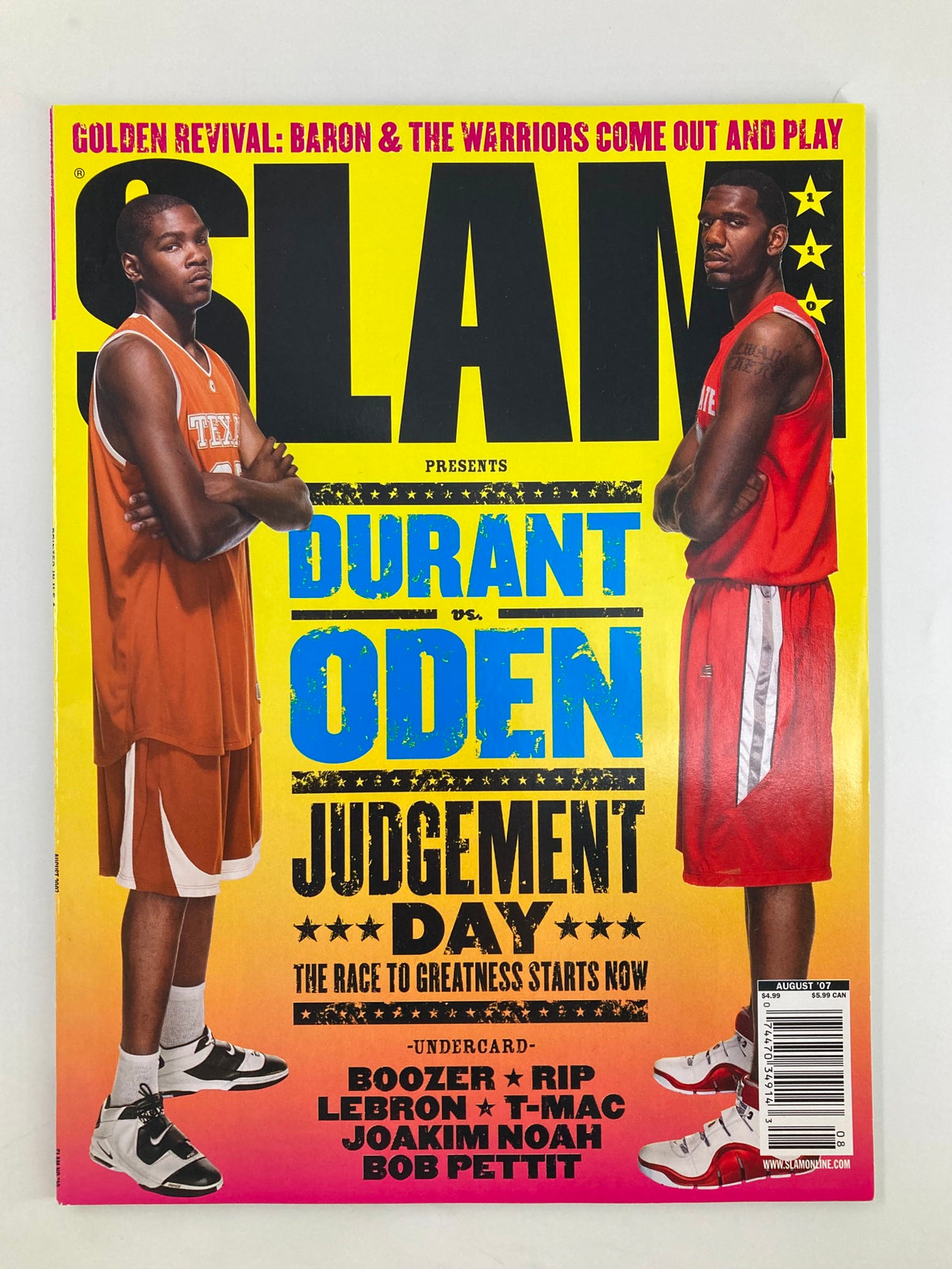 Slam Magazine cover from August 2007 featuring NBA stars Kevin Durant and Greg Oden, highlighting their rivalry with bold graphics.