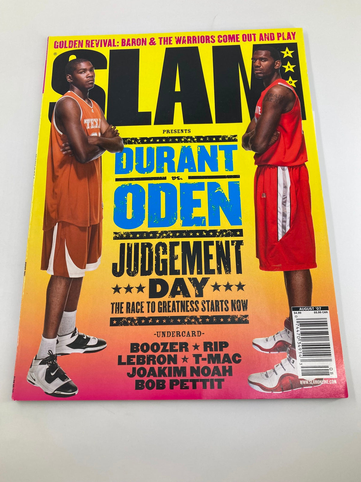Slam Magazine August 2007 cover showcasing Kevin Durant vs Greg Oden with bold graphics, highlighting their rivalry in the NBA.