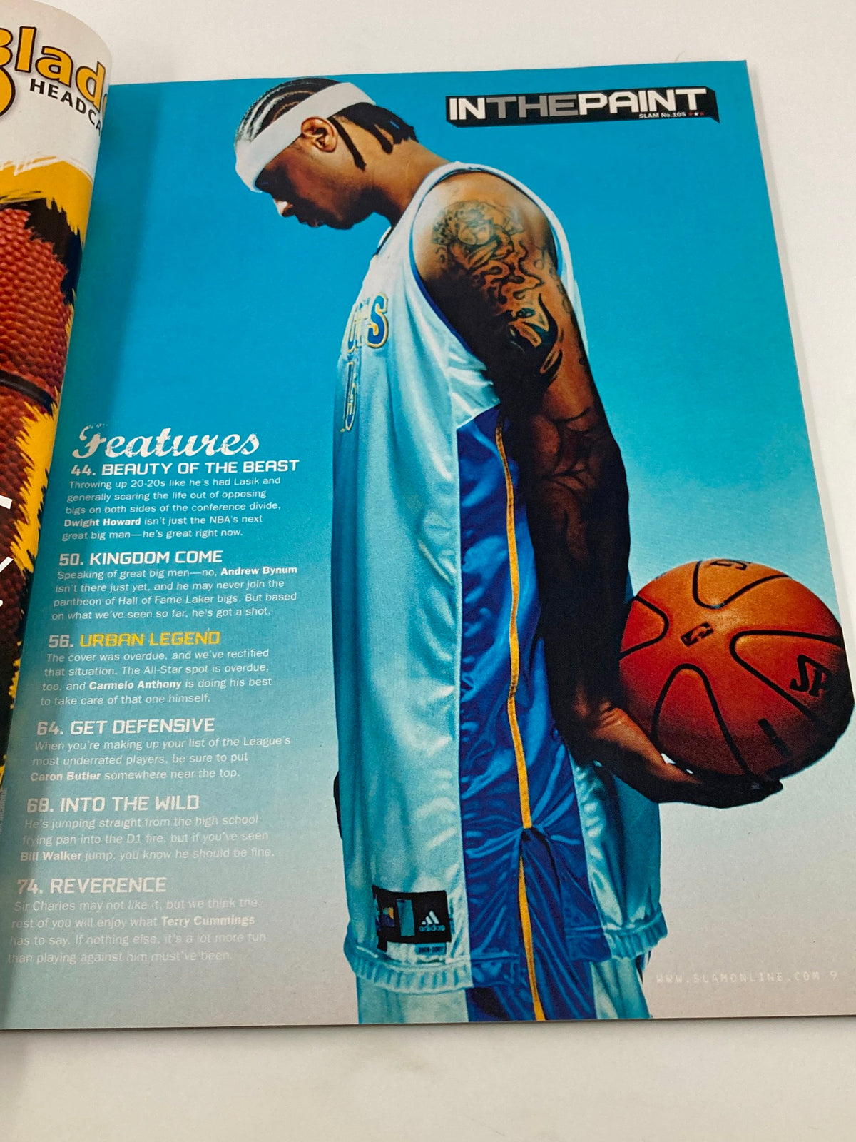 Interior page from Slam Magazine March 2007 showcasing Carmelo Anthony in a Nuggets jersey, holding a basketball. Features article sections including 'Beauty of the Beast' and 'Urban Legend'.