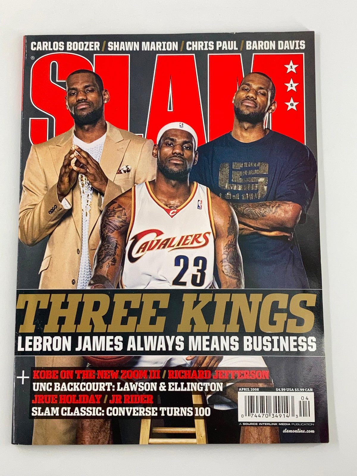 Cover of Slam Magazine April 2008 featuring LeBron James and two other NBA players titled 'Three Kings: LeBron James Always Means Business' with the Cleveland Cavaliers logo.