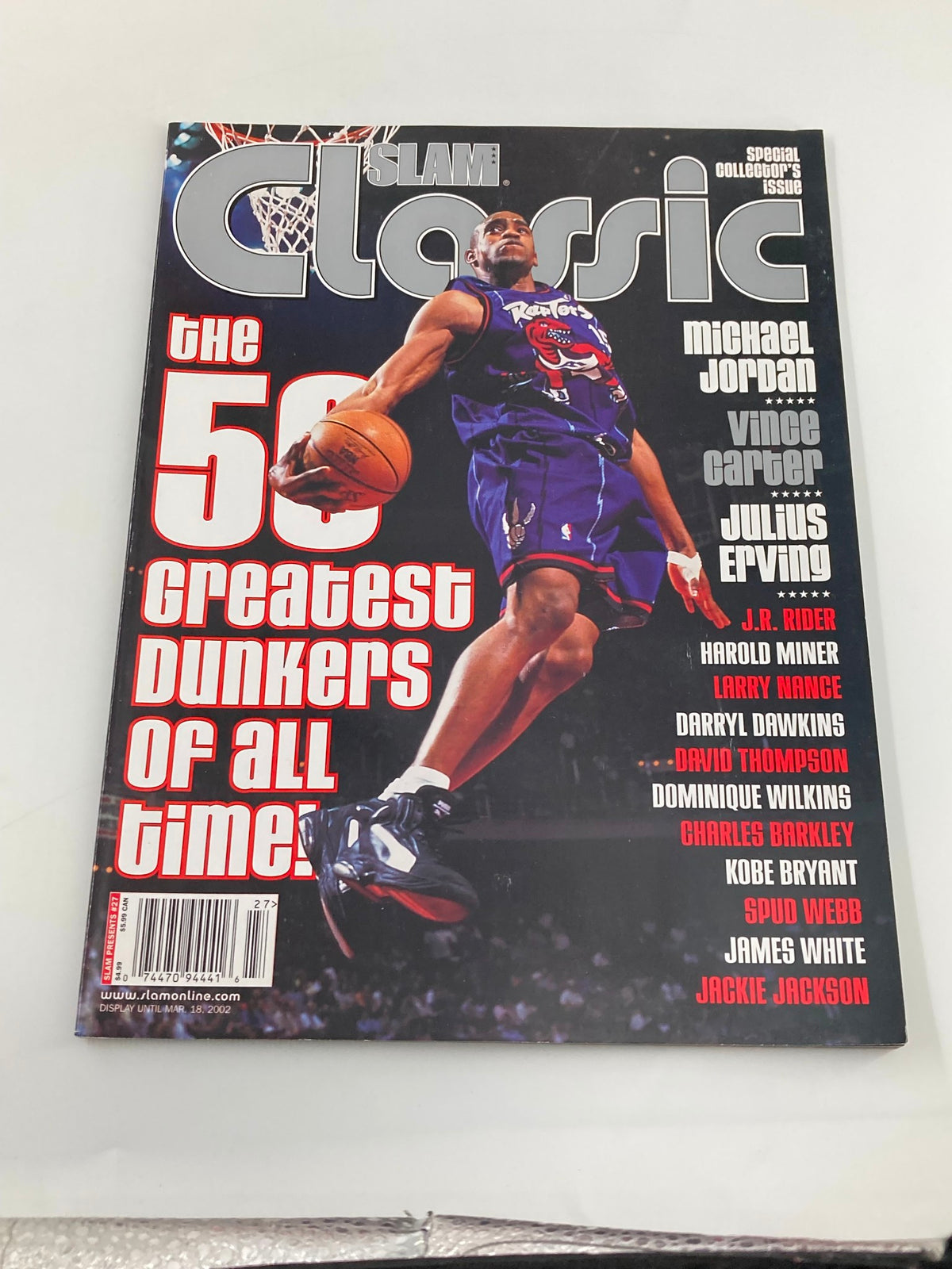 Slam Presents Classic Magazine #27 2002 featuring NBA star Vince Carter on the cover, highlighting the topic of the 50 greatest dunkers of all time.