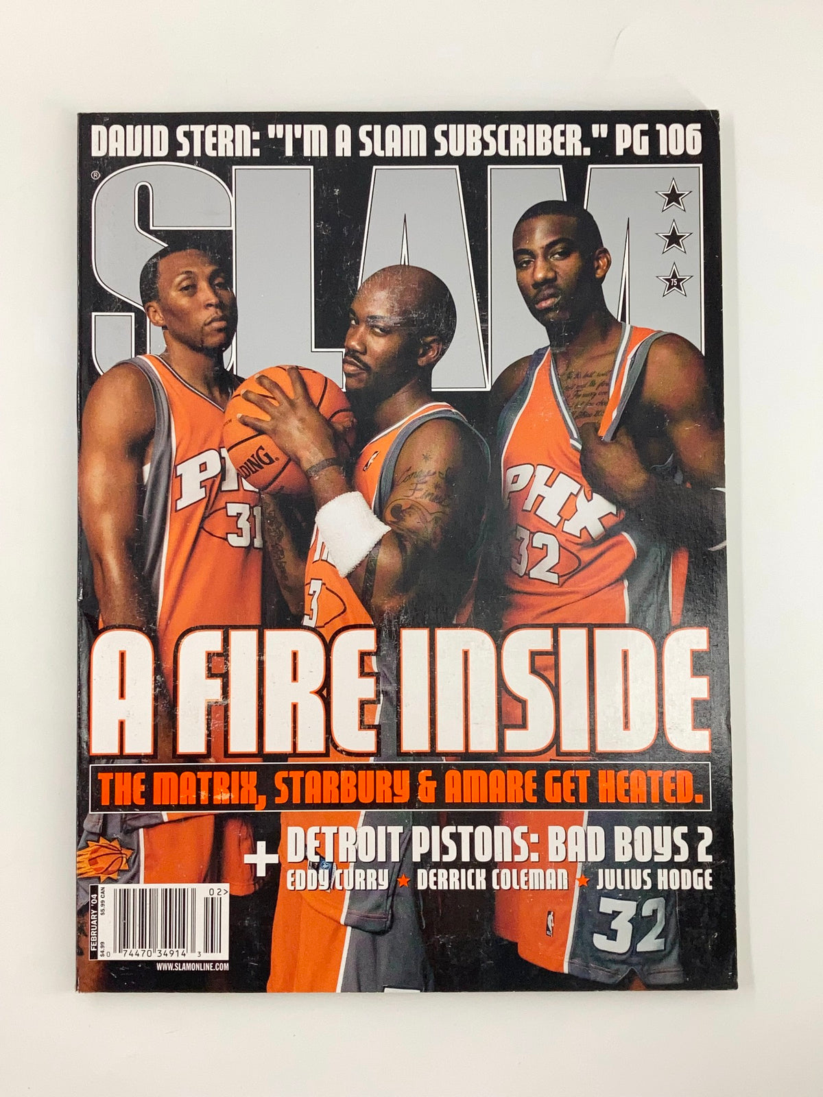 Cover of Slam Magazine February 2004 featuring Amar'e Stoudemire, Shawn Marion, and others under the title 'A Fire Inside'. Highlights the vibrant culture of early 2000s basketball.