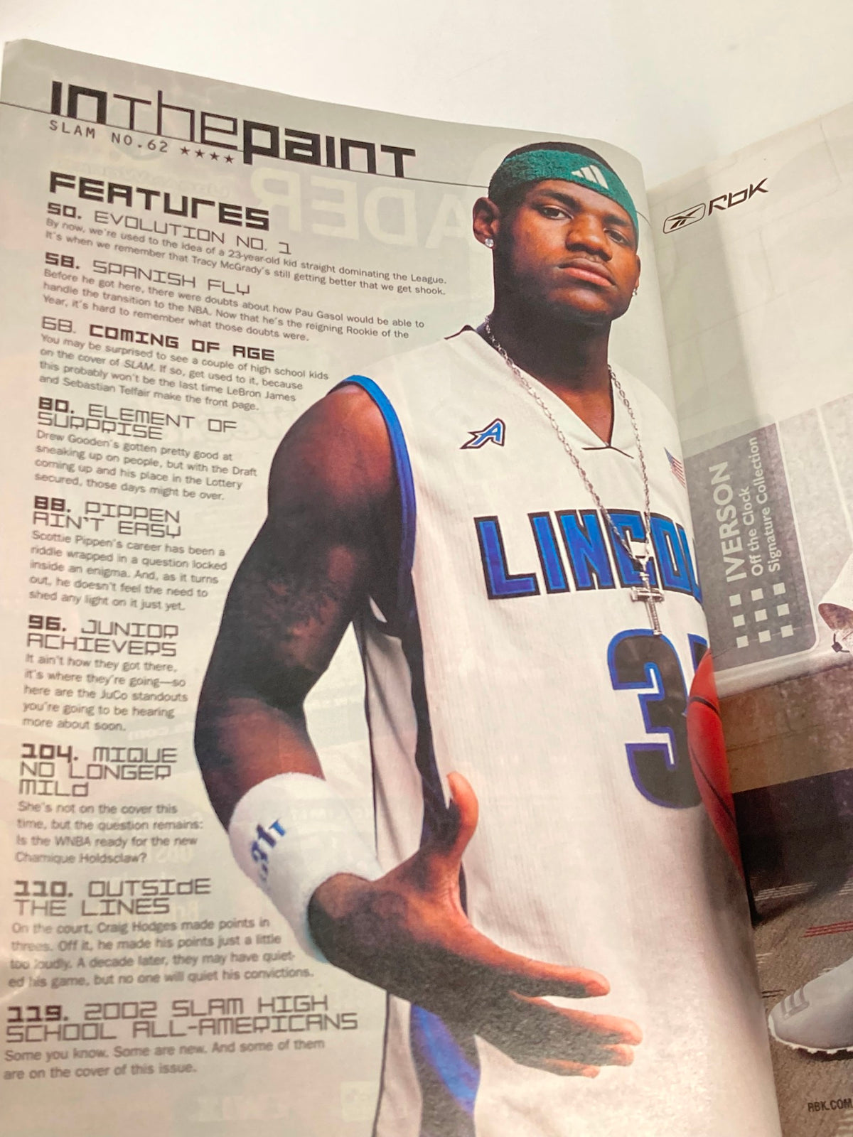 Inside page of Slam Magazine August 2002 highlighting Sebastian Telfair with articles about basketball evolution and features.