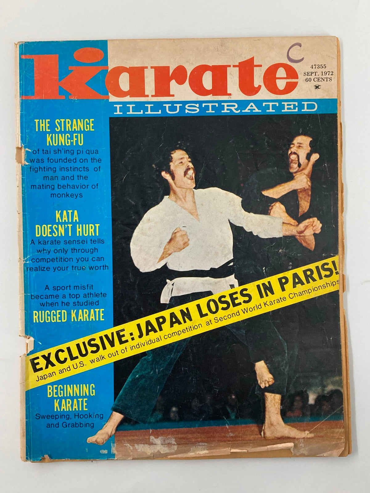 Cover of VTG Karate Illustrated Magazine September 1972 featuring martial artists in action and prominent headlines, including 'Exclusive: Japan Loses in Paris!' and articles on karate techniques.