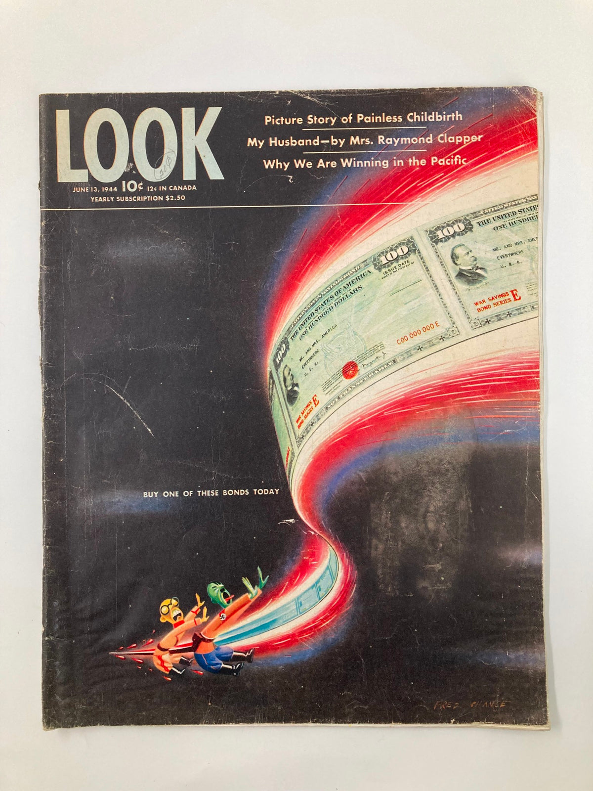 Cover of VTG Look Magazine dated June 13, 1944 featuring the headline 'Buy One of These Bonds Today' alongside captivating visuals and listings of feature articles.