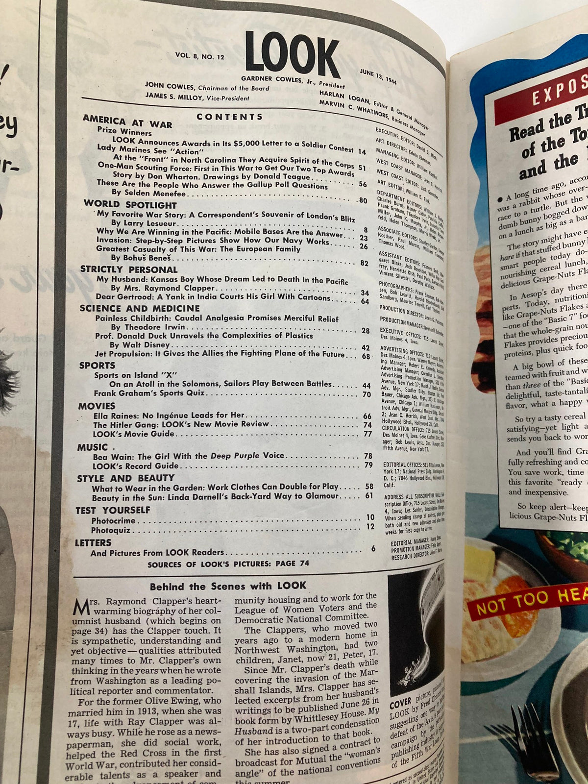 Contents page of the VTG Look Magazine dated June 13, 1944. Features articles related to wartime themes, culture, and advertisements, set against a backdrop of vintage graphic design.