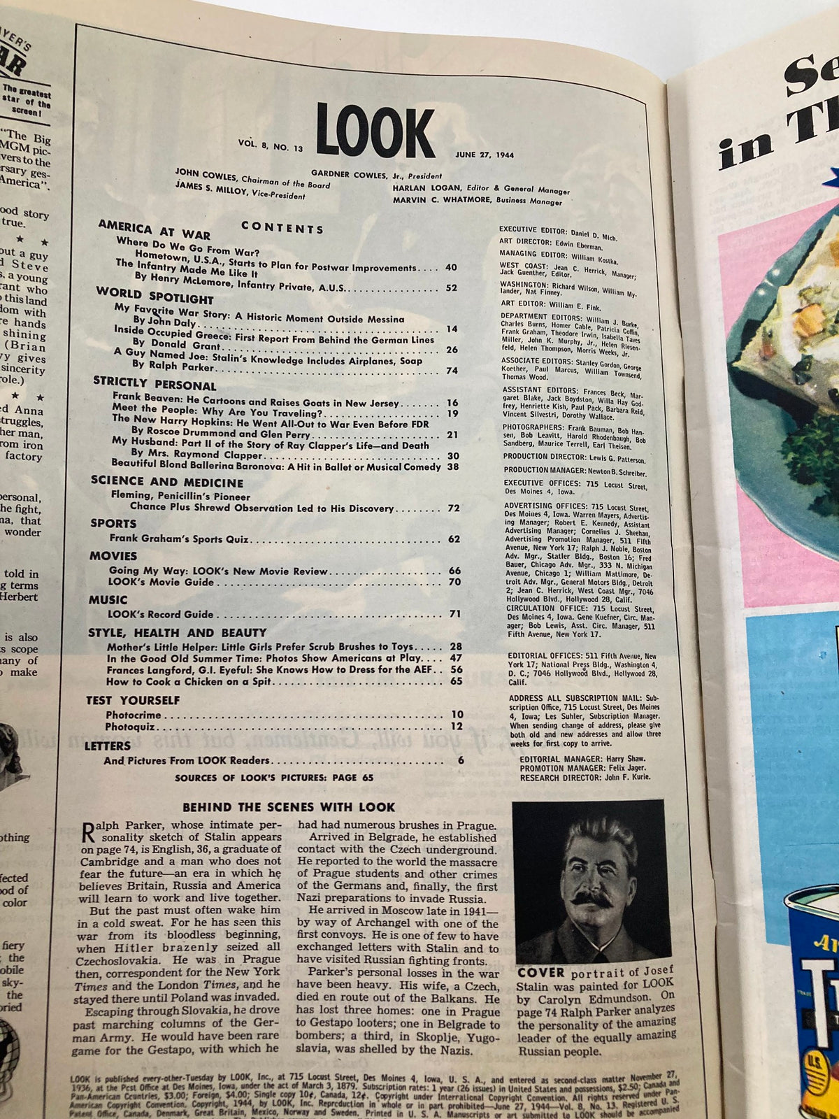Inside page of VTG Look Magazine June 27 1944 displaying the table of contents, offering a glimpse into articles and features related to World War II.