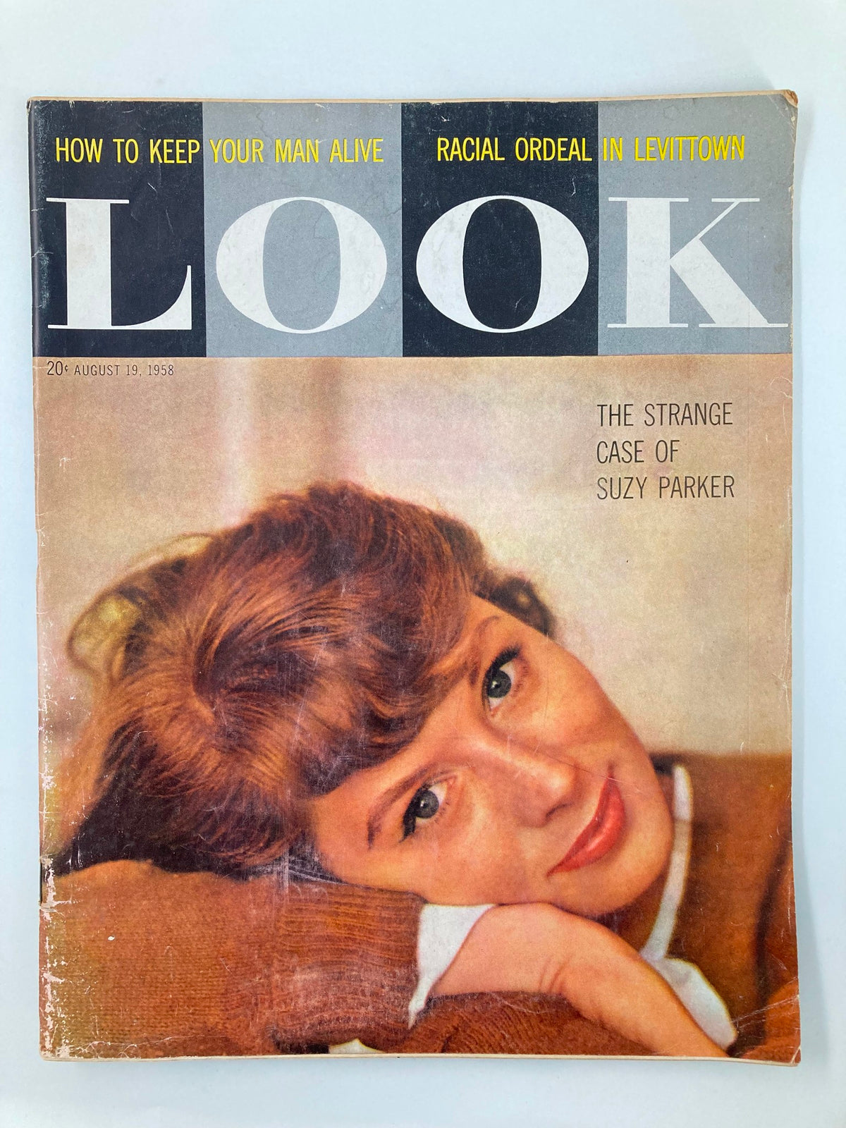 Cover of VTG Look Magazine August 19 1958 featuring the article 'The Strange Case of Suzy Parker', showcasing vintage aesthetic and fashion photography.