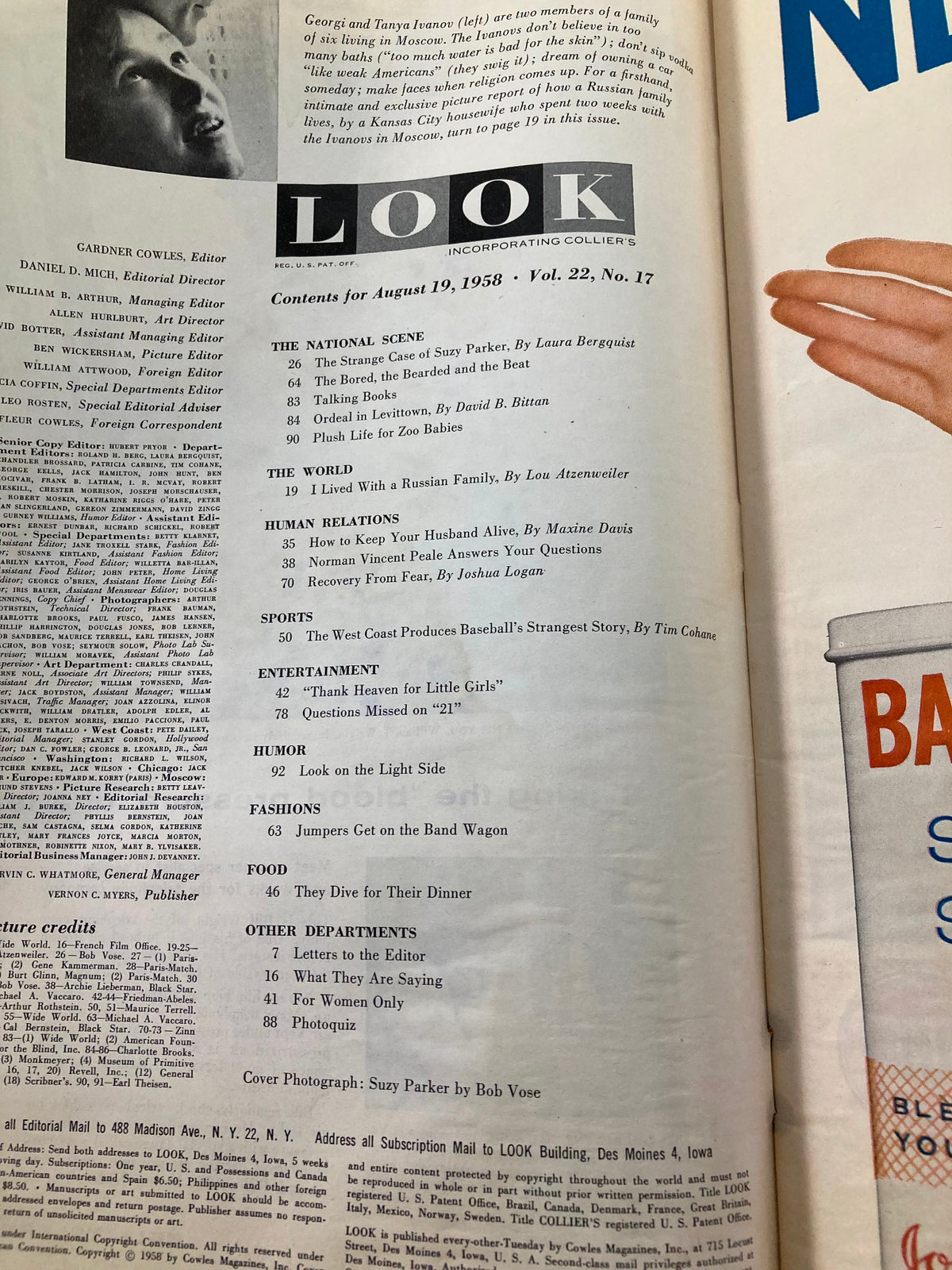 Contents page of VTG Look Magazine August 19 1958, detailing articles including 'The Strange Case of Suzy Parker', with highlights on fashion and lifestyle topics.