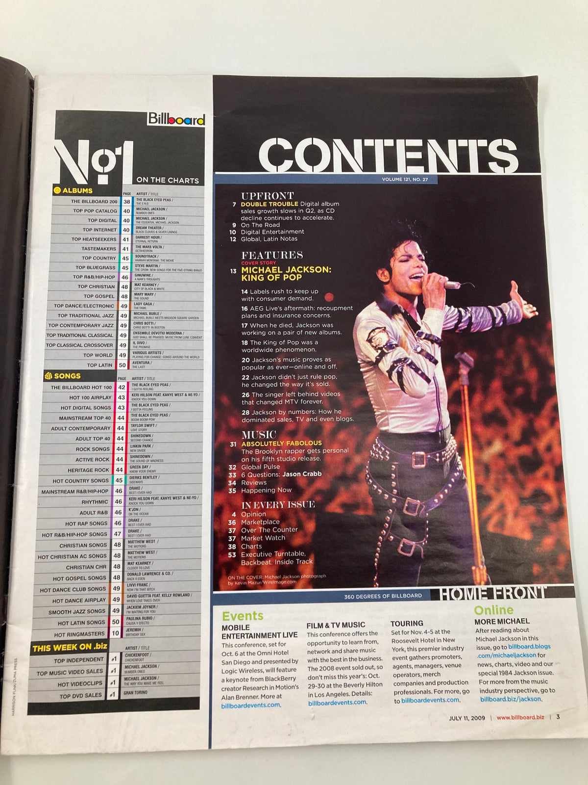 Inside contents page of Billboard Magazine July 11 2009 showcasing features on Michael Jackson and current trends in music.