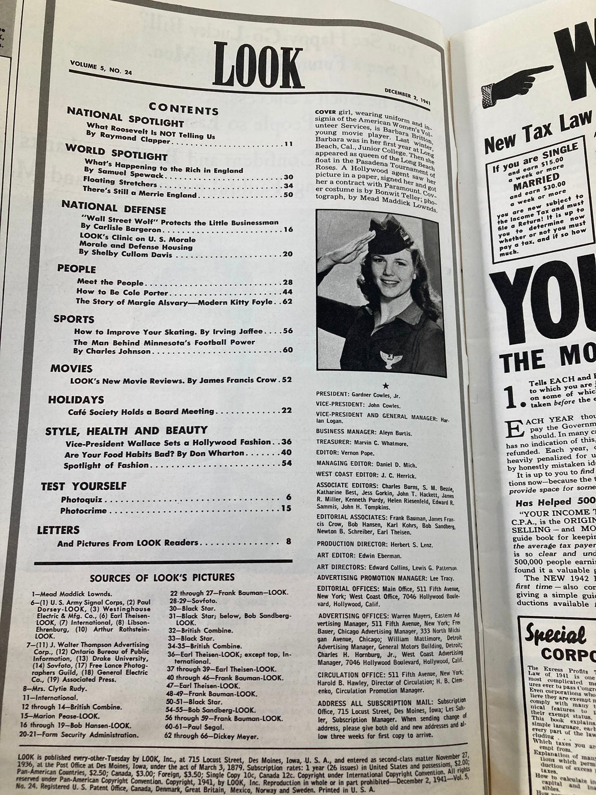 Vintage Look Magazine December 2 1941 Barbara Britton Women's Volunteer No Label